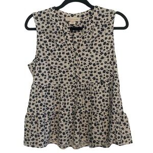 Monteau LA Top Blouse L Large Tiered Button Floral V Neck Shirt B&W Juniors